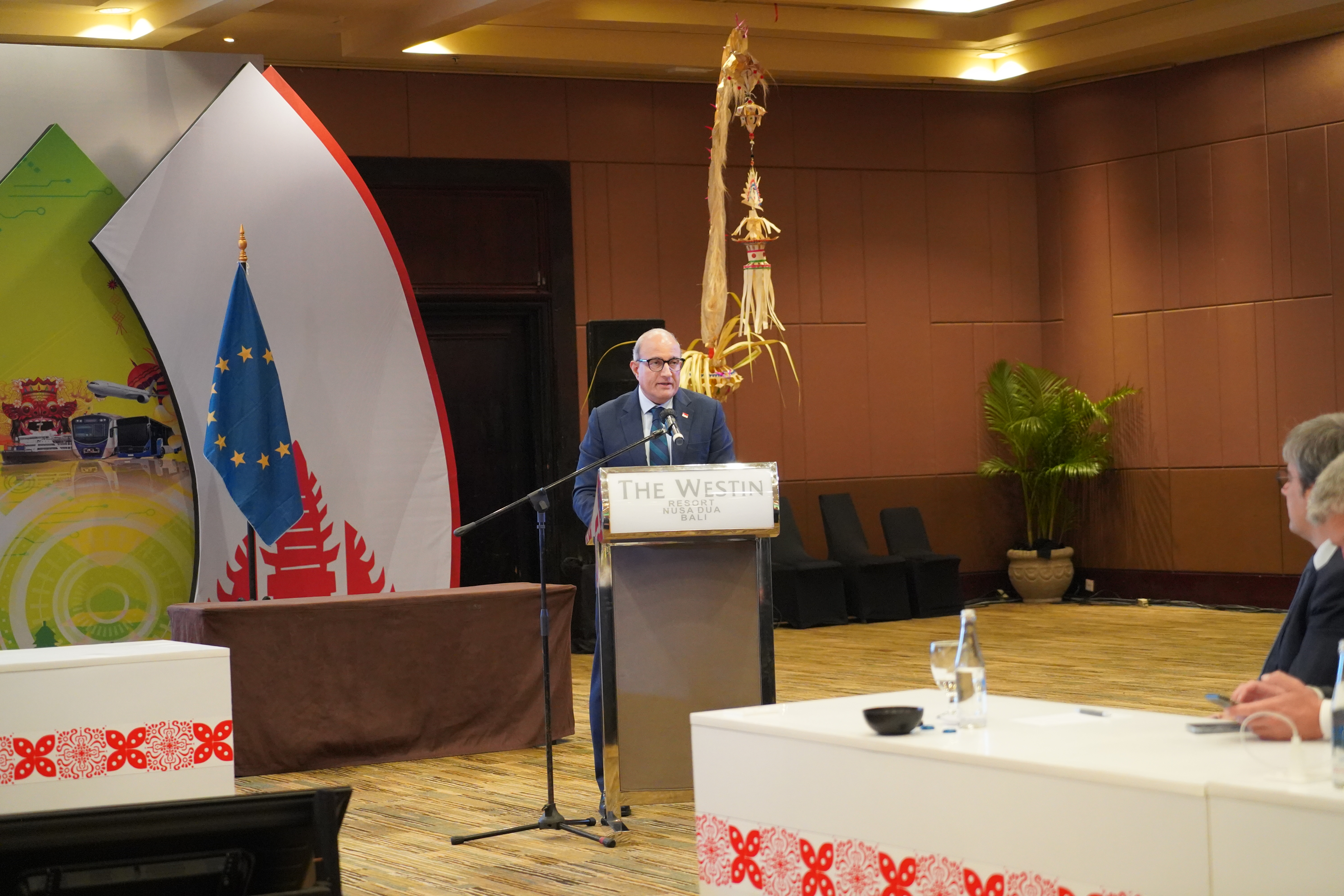 Minister for Transport and Minister-in-charge of Trade Relations, Mr S Iswaran, delivering his speech at the signing of the Comprehensive Air Transport Agreement between Member States of the Association of Southeast Asian Nations, and the European Union and its Member States